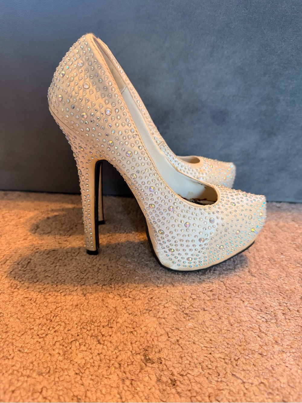 Embellished Crystal Platform High Heels - Ivory